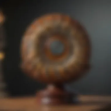 Elegant ammonite display on a wooden stand showcasing intricate patterns