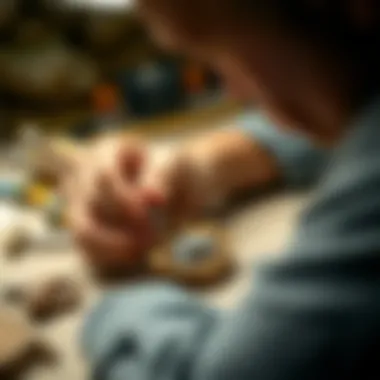 Artisan Crafting a Dinosaur Fossil Necklace Artist crafting a dinosaur fossil necklace with precision