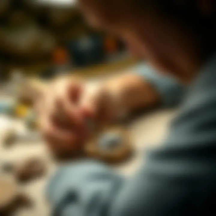 Artisan Crafting a Dinosaur Fossil Necklace Artist crafting a dinosaur fossil necklace with precision