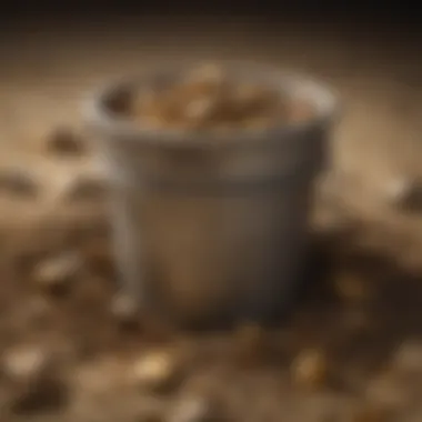 A close-up of a bucket filled with dirt, showcasing glimmers of gold and hidden treasures within.