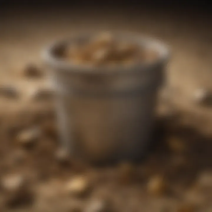 A close-up of a bucket filled with dirt, showcasing glimmers of gold and hidden treasures within.