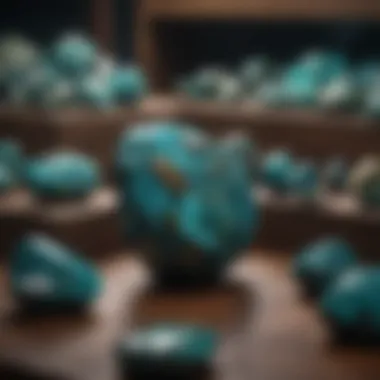 A collector's display showcasing various quality grades of chrysocolla stones.