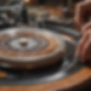 Detailed close-up of a lapidary polishing wheel in action