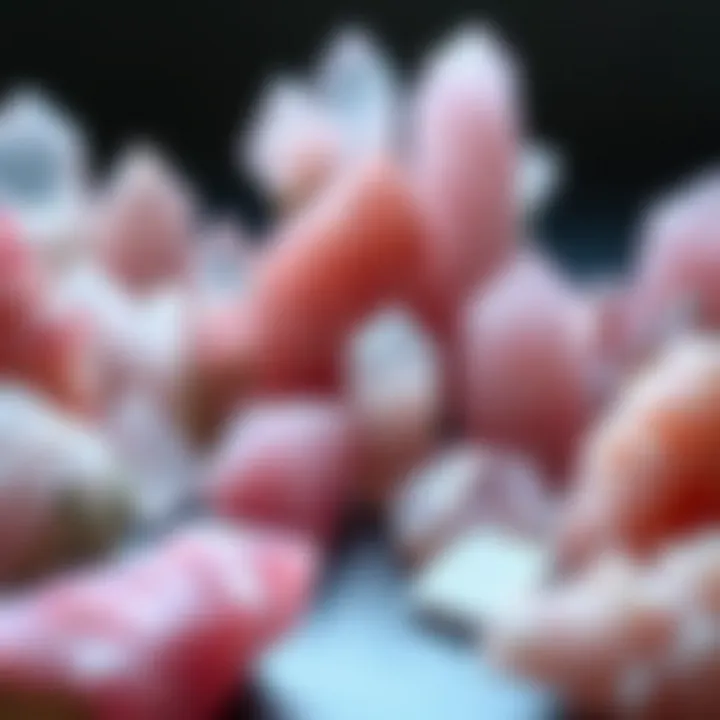 A beautifully arranged collection of various pink quartz specimens, highlighting their different shapes and sizes.