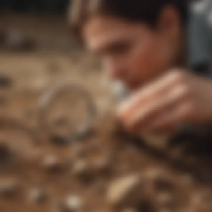 A thoughtful collector examining a piece of dirt with a magnifying glass, symbolizing the search for value in overlooked items.