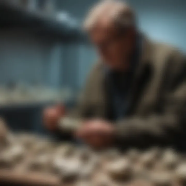 Collector examining phosphorescent specimens