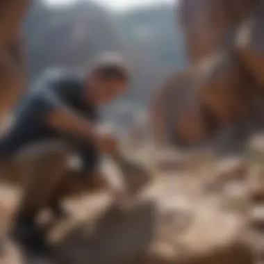 Picking hammer in action, being utilized by a geologist at a rock formation site