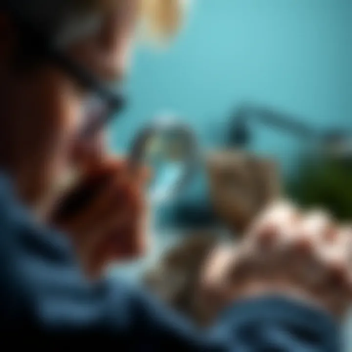 Examining Rock Specimens An individual examining a rock specimen with a magnifying glass