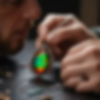 A detailed view of a jeweler skillfully working on ammolite jewelry, highlighting the craftsmanship involved.