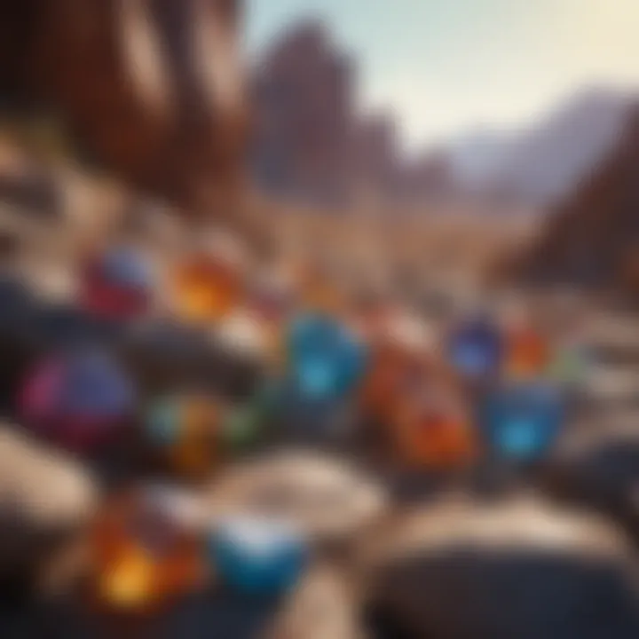 An array of colorful gemstones displayed against a backdrop of natural rock formations