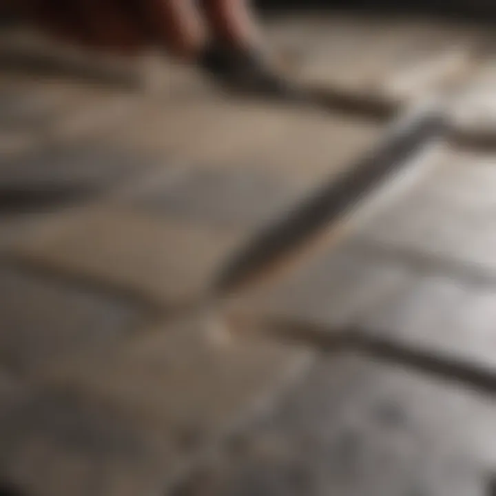 A close-up of a diamond blade cutting through a natural stone tile.