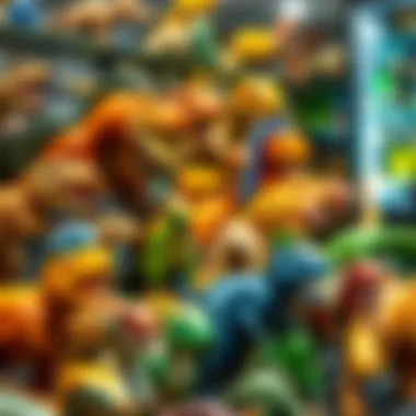 A vibrant display of dinosaur figurines showcasing various species in a retail setting