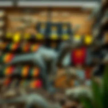 A unique dinosaur merchandise display including apparel and accessories for enthusiasts