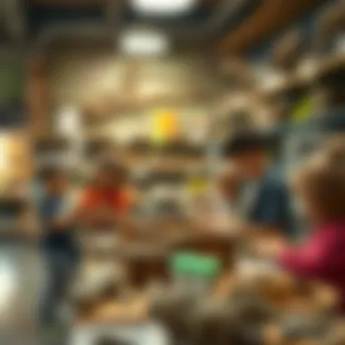 An educational workshop inside a dinosaur store featuring children engaging with paleontological tools