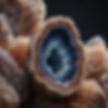 A close-up view of a geode showcasing its crystal formations.