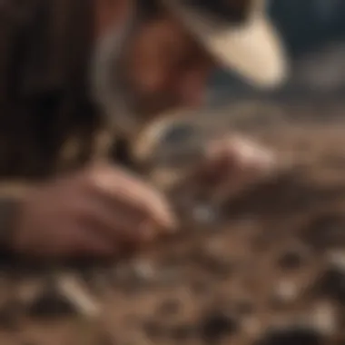 Close-up of a prospector examining soil samples with a magnifying glass.