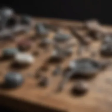 A collection of essential tools for gem prospecting laid out on a wooden surface.