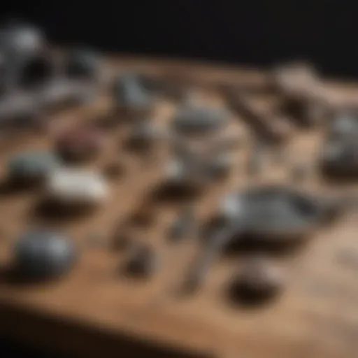 A collection of essential tools for gem prospecting laid out on a wooden surface.