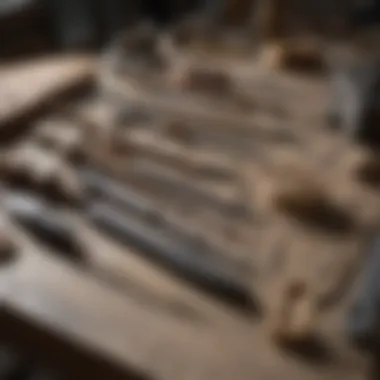 A display of essential tools used in stone carving, arranged artistically on a workspace