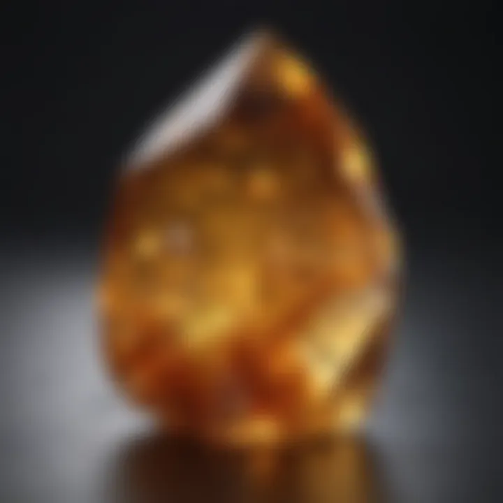 A close-up view of a large citrine crystal showcasing its vibrant color