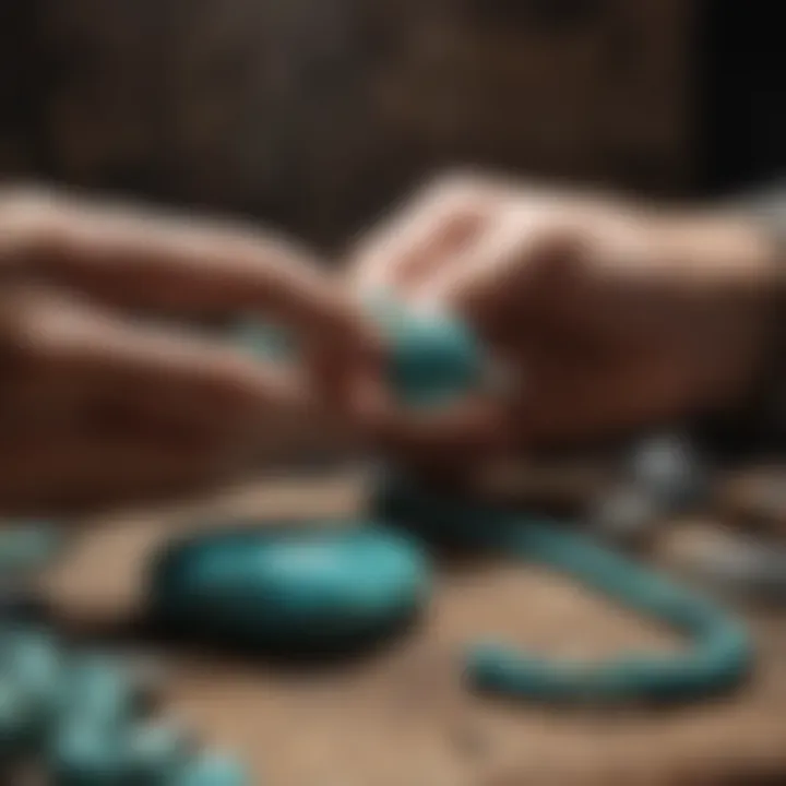 Artisan creating turquoise bead jewelry, highlighting craftsmanship