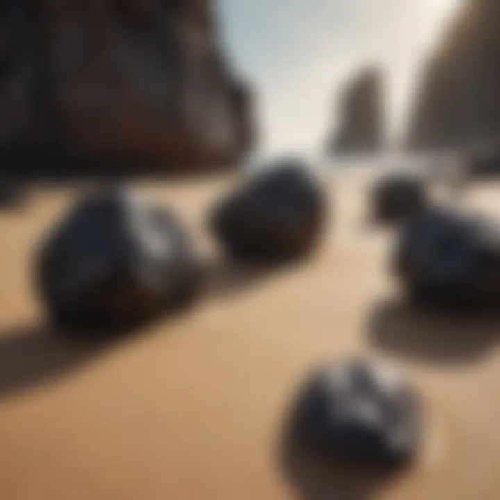 Intricate black rock formations on a sandy beach