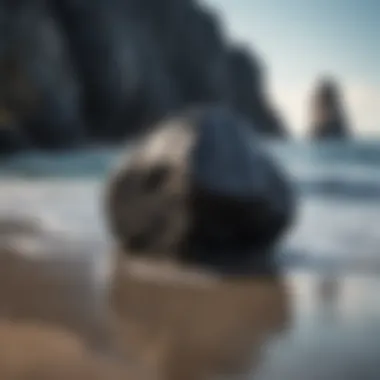 Close-up of a unique black rock with ocean background