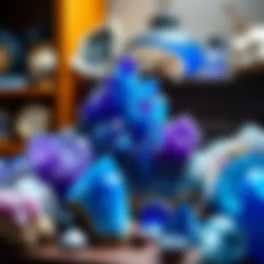 Vibrant Blue and Purple Crystal Collection A display of blue and purple crystals in a collector's setting emphasizing their unique features