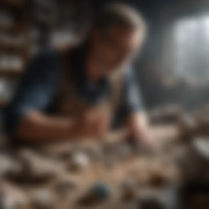 Collector examining and categorizing various mineral specimens