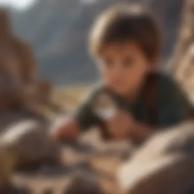 A child examining a rock with a magnifying glass