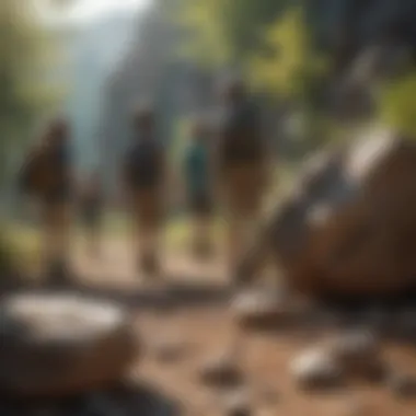 Group of children on a nature walk looking for rocks