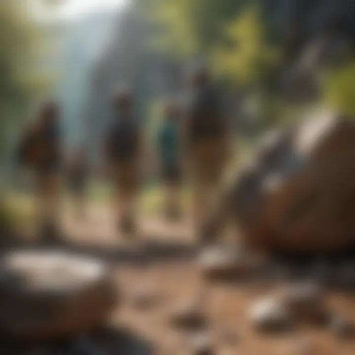 Group of children on a nature walk looking for rocks