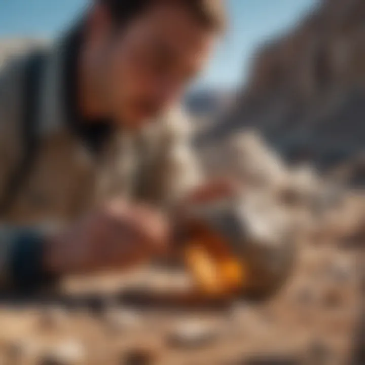 A close-up of a geologist examining a mineral under natural sunlight