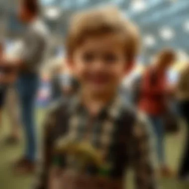 Child proudly wearing dinosaur suspenders at a paleontology-themed event