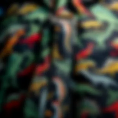 Close-up of unique dinosaur patterns on fabric used for suspenders