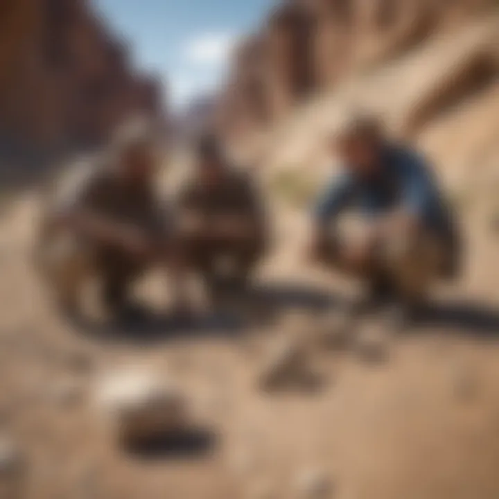 Paleontologists examining fossils in the field