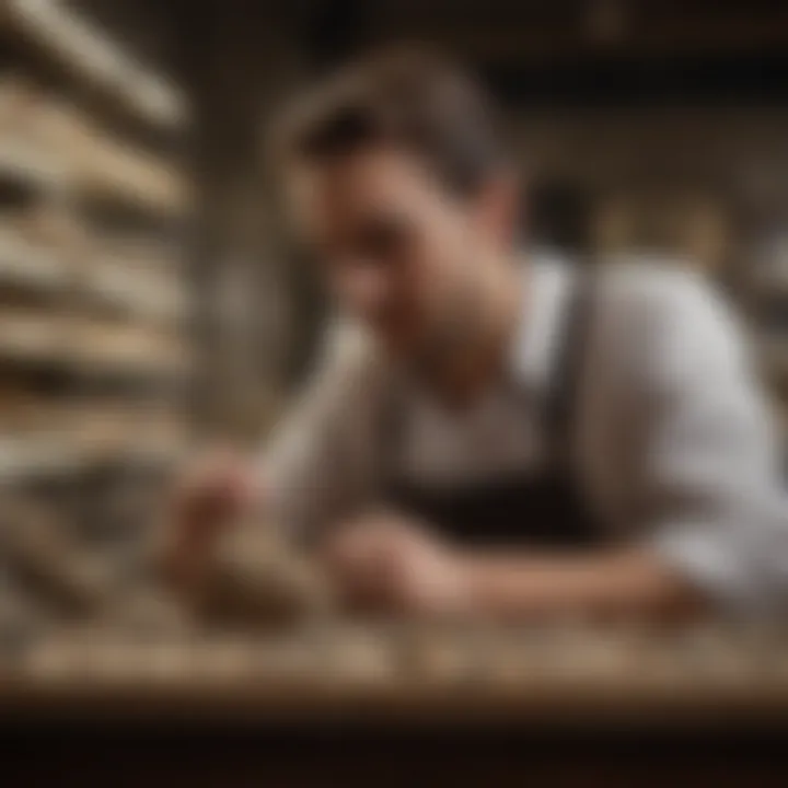 An enthusiastic collector examining a fossil specimen in a shop