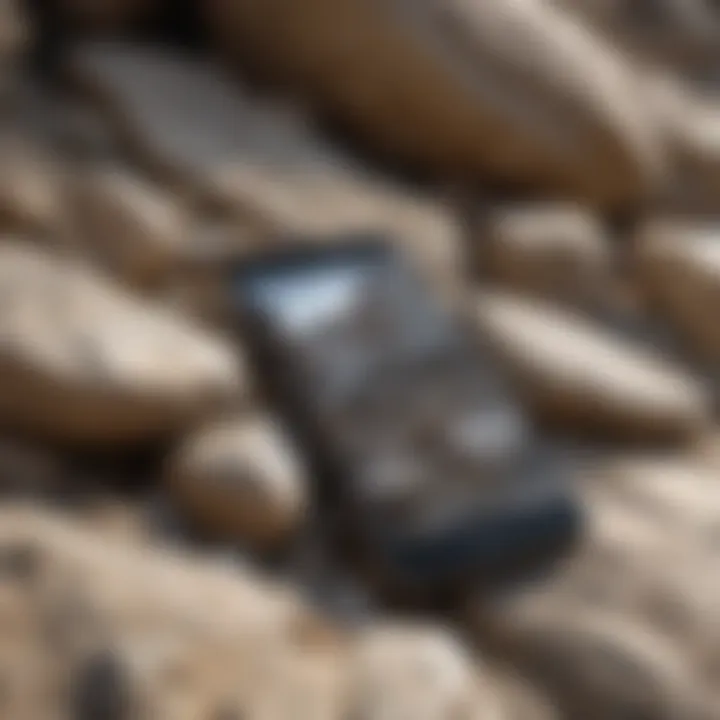 A close-up of rock textures with a smartphone in view