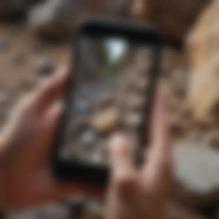 A user examining rocks while using a mobile app