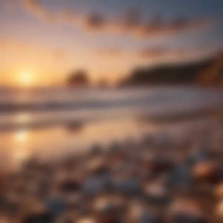 A stunning panoramic view of a scenic gemstone beach at sunset.