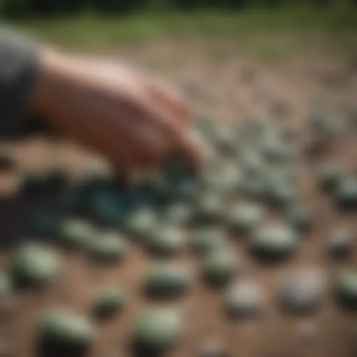 Collector examining green stones in the field