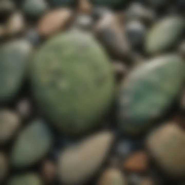 Close-up view of a green stone with unique patterns