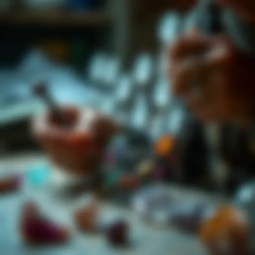 An artisan meticulously crafting a crystal necklace with vibrant stones and intricate metalwork