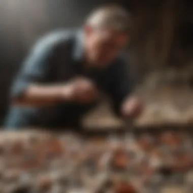 A seasoned collector examining Kentucky agate with tools, emphasizing the art of collecting