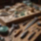 A collection of lapidary tools displayed on a wooden workbench