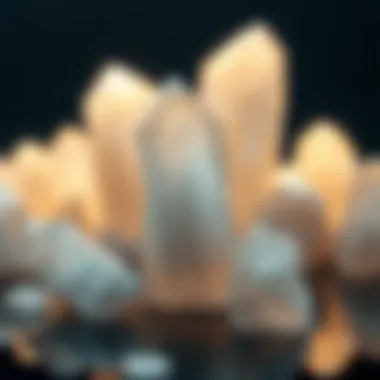 An artistic arrangement of large selenite crystals reflecting light, symbolizing their metaphysical properties.
