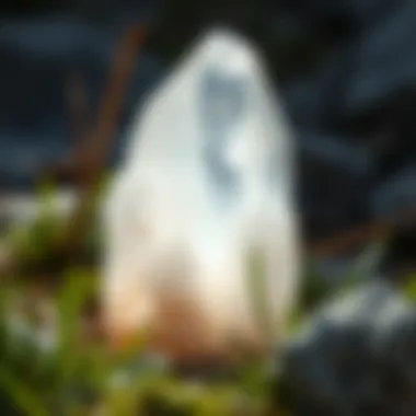 A large selenite crystal placed in a natural setting, emphasizing its connection with nature.