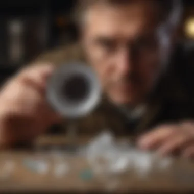 A collector examining crystals with a magnifying glass