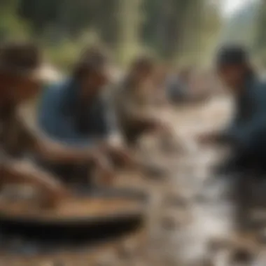 A vibrant community gathering for a gold panning event, showcasing camaraderie.