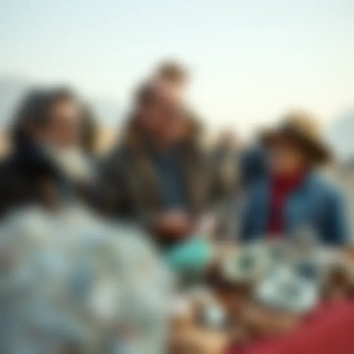 A serene outdoor setting with collectors exchanging knowledge about minerals